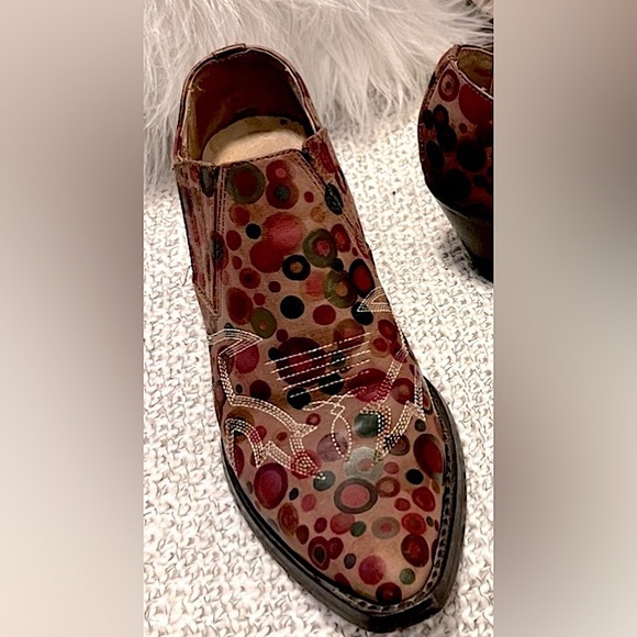 Roper Leather Western Ankle Cowgirl Multi Color Red Circle Pattern Booties Sz 6 - Picture 1 of 9
